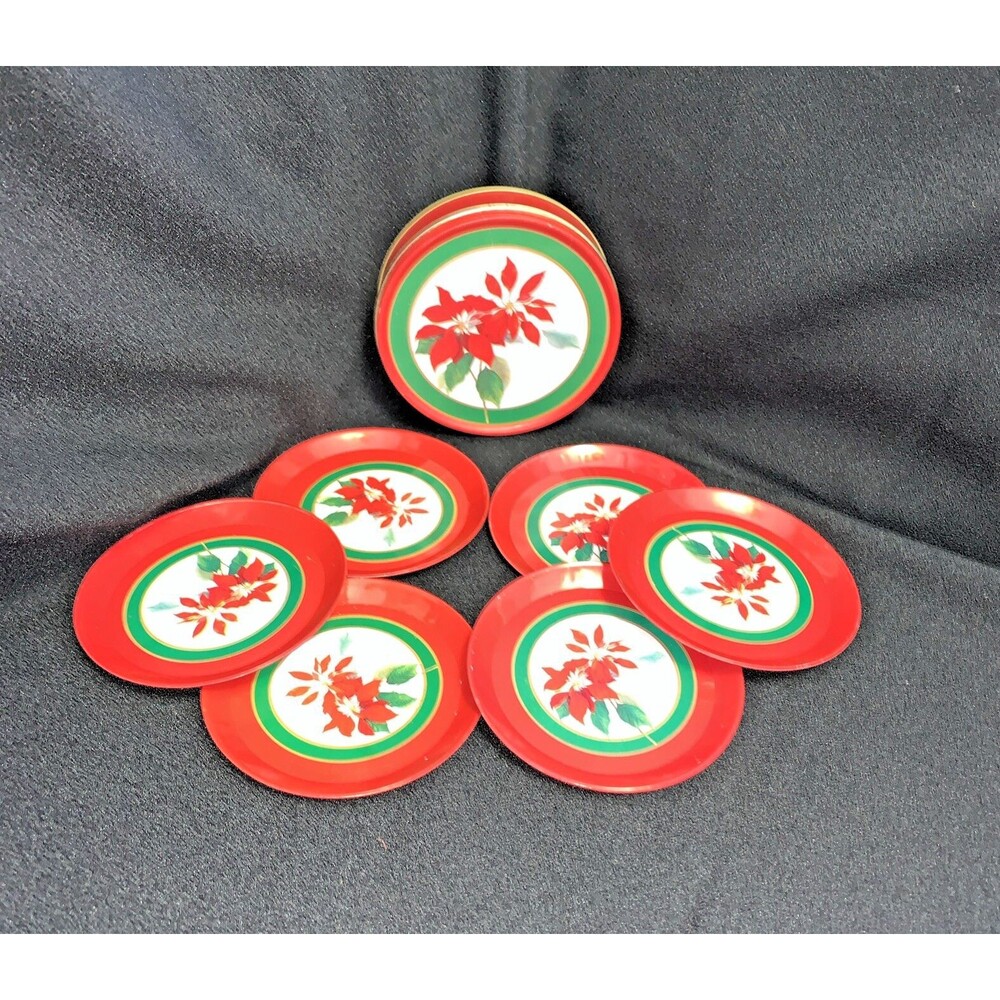 Vintage Christmas Tin Metal Coasters Box Set of 6 Red Poinsettias Cottage Granny